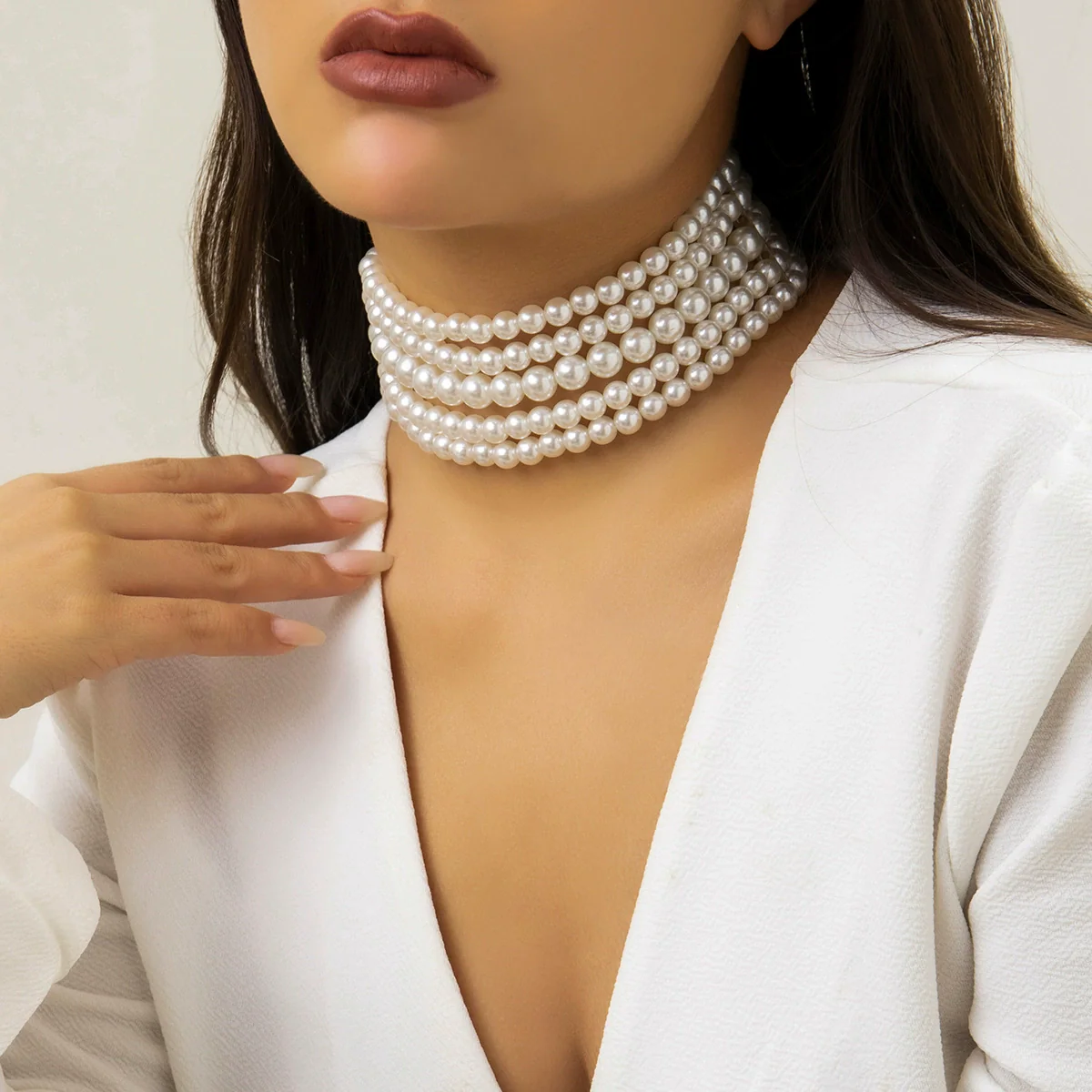 Jewelry Necklace Handmade Multilayer Imitation Pearl Plastic Resin Geometric Snake Bone Chain Women Choker - Image 3