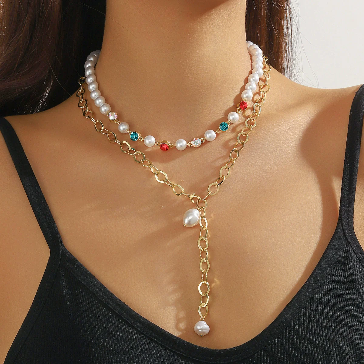 Jewelry Necklace Light Luxury Geometric Drop Shape Artificial Crystal Snake Bone Chain Electroplating For Women - Image 3