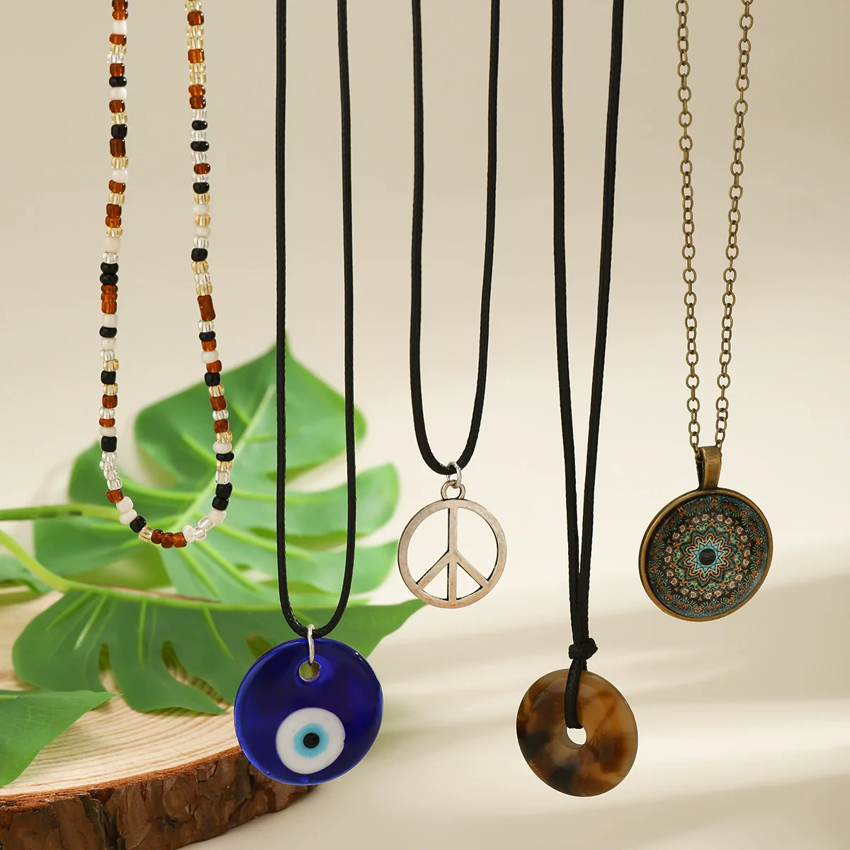 Jewelry Necklace Women Retro Geometric Pattern Acrylic Pendant Wax Thread Handmade - Image 3