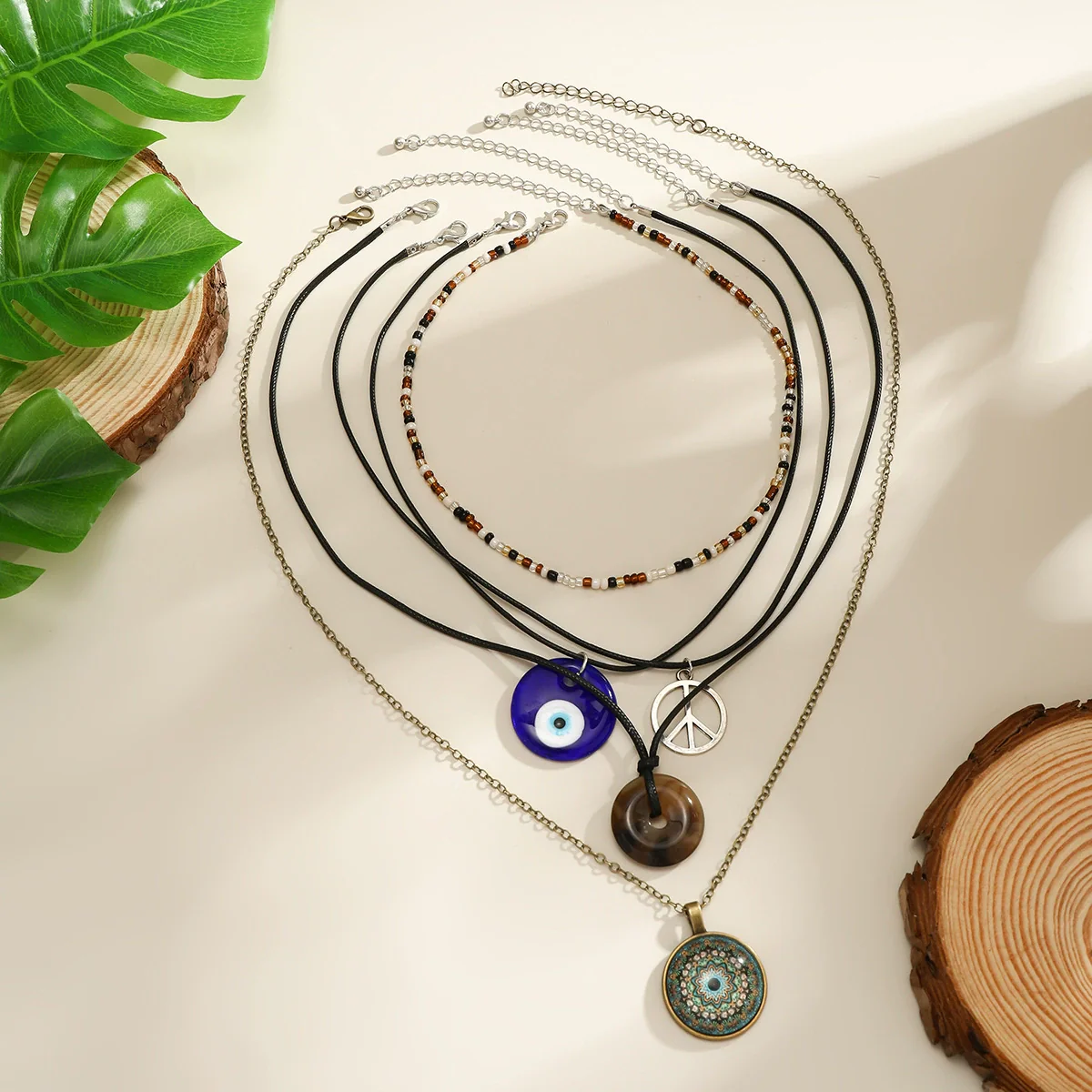 Jewelry Necklace Women Retro Geometric Pattern Acrylic Pendant Wax Thread Handmade - Image 4