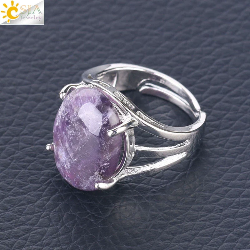 Jewelry Oval Natural Stone Crystal Alloy Women's Ring Four Claw Inlay Hollow Electroplated - Image 16