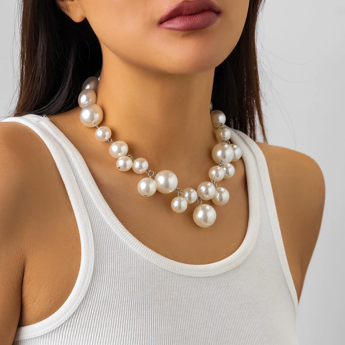 Jewelry Punk Creative Round Bead Imitation Pearl Tassel Necklace Metal Ball Chain Geometric Style Electroplating - Image 3