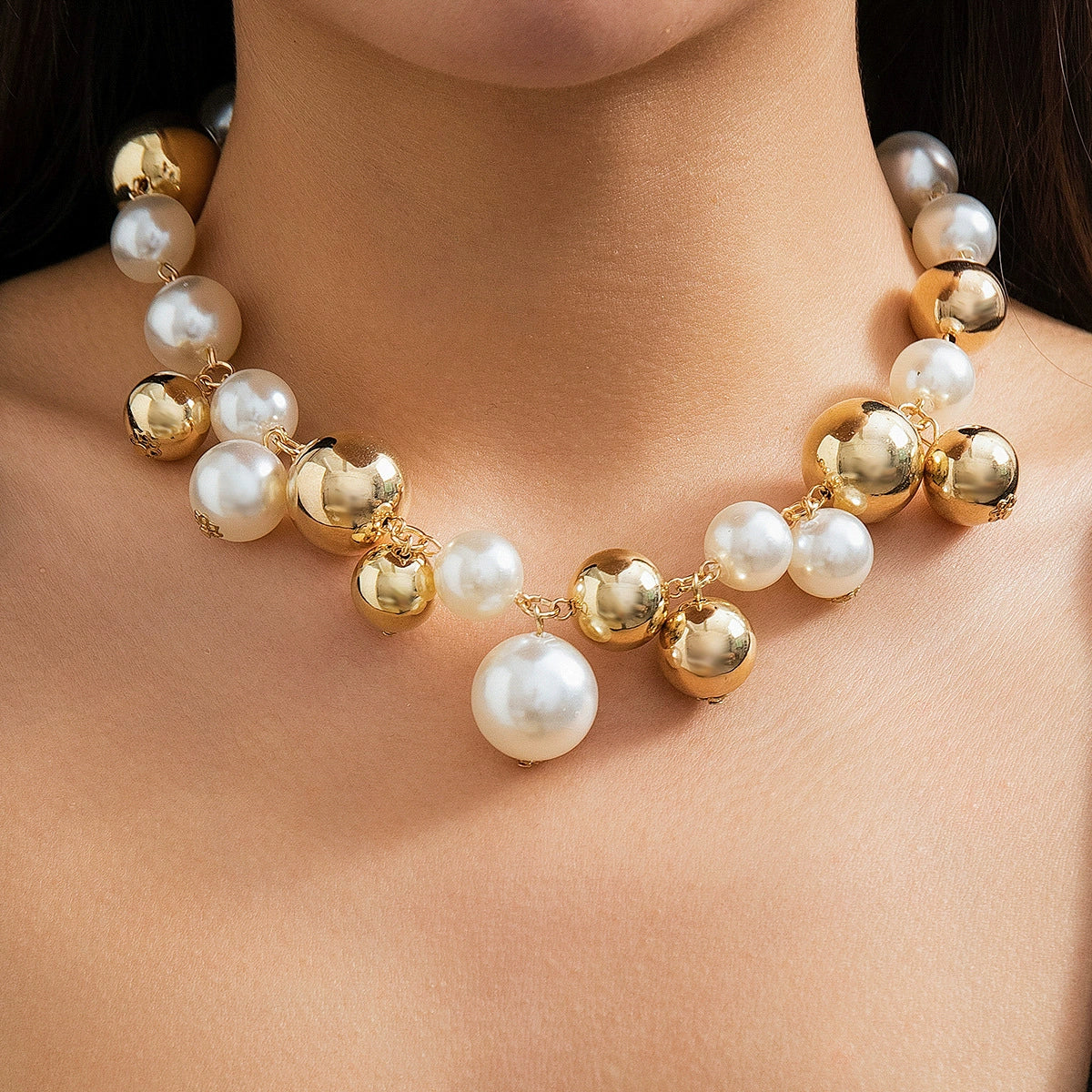 Jewelry Punk Creative Round Bead Imitation Pearl Tassel Necklace Metal Ball Chain Geometric Style Electroplating - Image 4