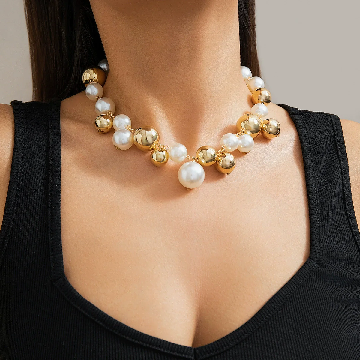 Jewelry Punk Creative Round Bead Imitation Pearl Tassel Necklace Metal Ball Chain Geometric Style Electroplating - Image 9