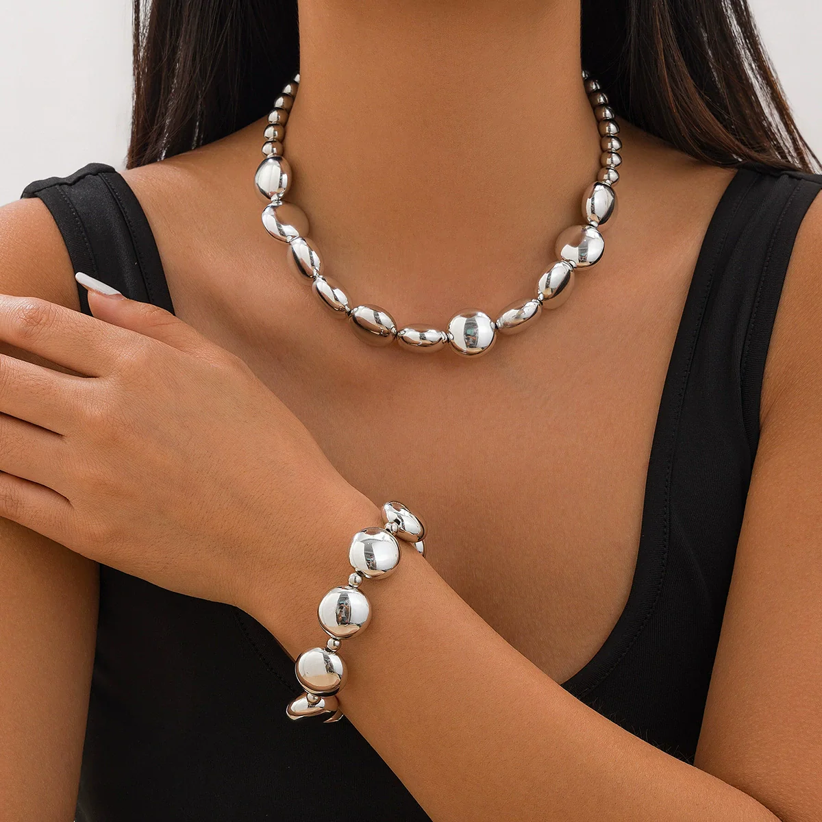 Jewelry Punk Style Geometric Flat Round Bead Clavicle Chain Ccb Material Electroplated Women's Necklace - Image 3