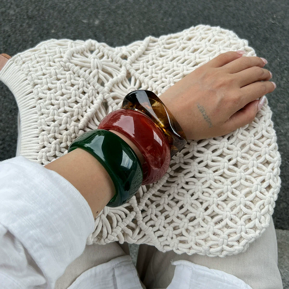 Jewelry Resin Wide Bracelet French Retro Geometric Round Curved Handmade For Women