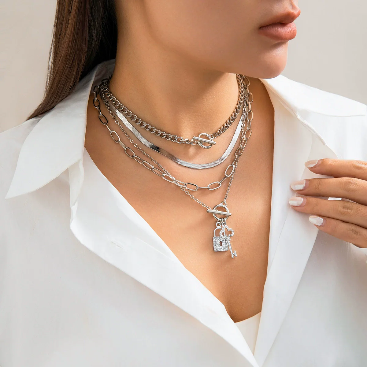 Jewelry Retro Fashion Metal Snake Bone Chain Bracelet With Lockshaped Key And Geometric Pattern Iron Chain Copper Chain Alloy Rhinestone Electroplated - Image 7
