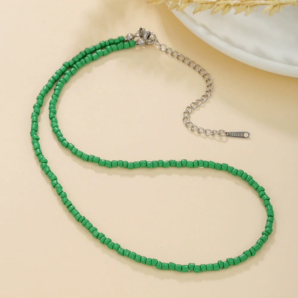 Jewelry Rice Beads Stainless Steel Geometric Handmade Double Layer Clavicle Chain Necklace - Image 6