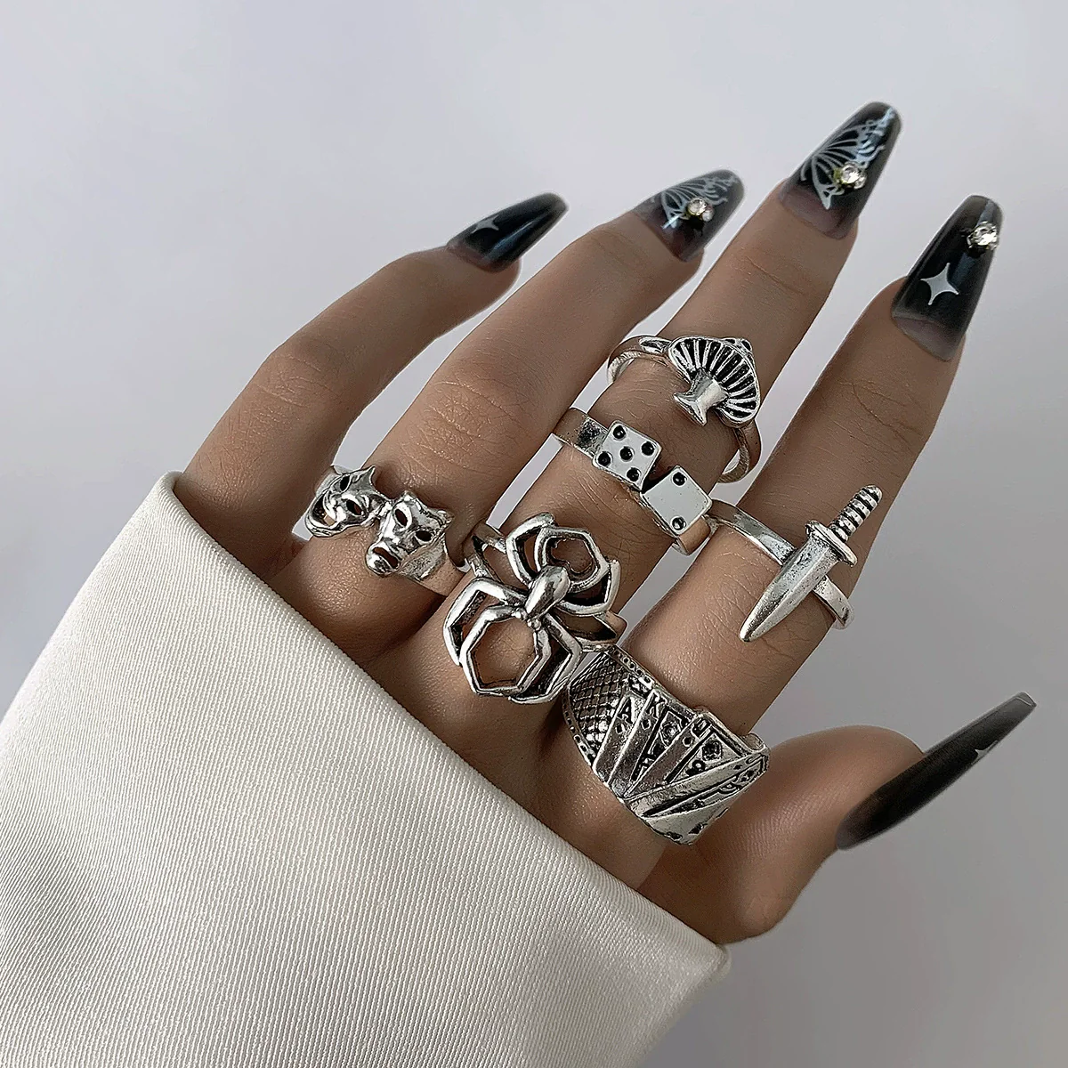 Jewelry Ring Mushroom Love Moon Leaves Ancient Silver Metal Geometric Electroplated Unisex 7Piece Set - Image 6