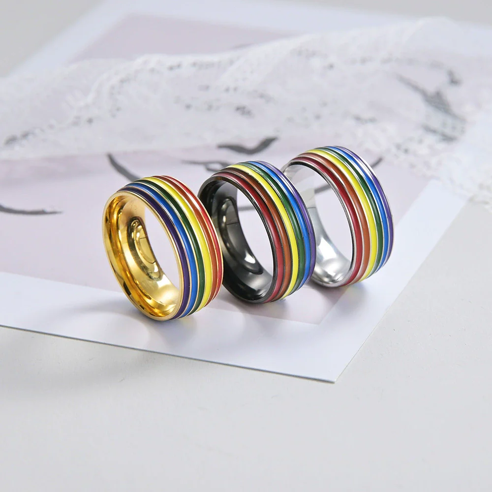 Jewelry Ring Titanium Steel Multicolor Rainbow Oil Dripping Geometric Style