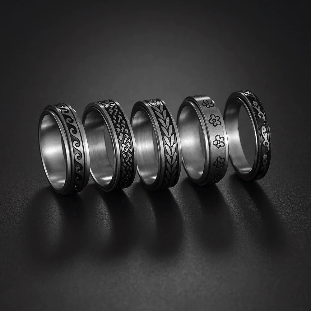 Jewelry Rotating Titanium Steel Decompression Ring Wave Flower Ushaped Pattern Seiko
