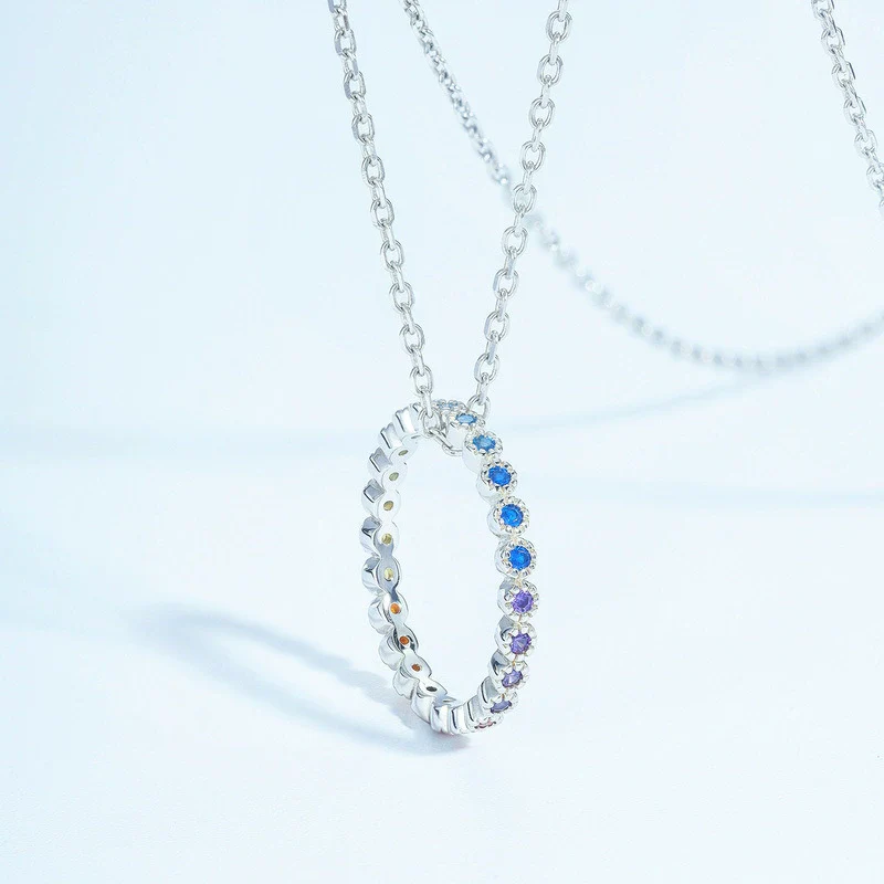 Jewelry S925 Silver Geometric Rainbow Zircon Ring Necklace - Image 3