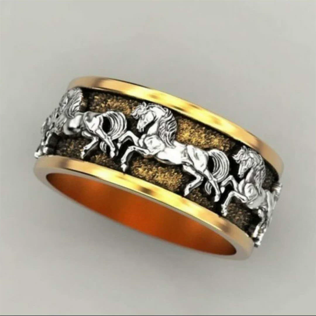 Jewelry Silver Ring With Galloping Wild Horse Geometric Pattern Electroplated - Image 2