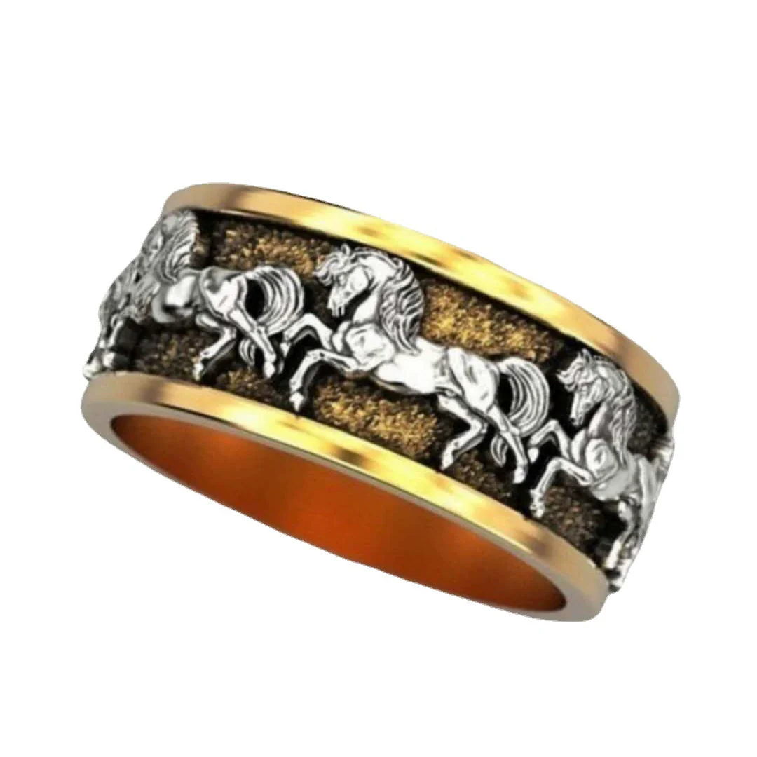 Jewelry Silver Ring With Galloping Wild Horse Geometric Pattern Electroplated - Image 5