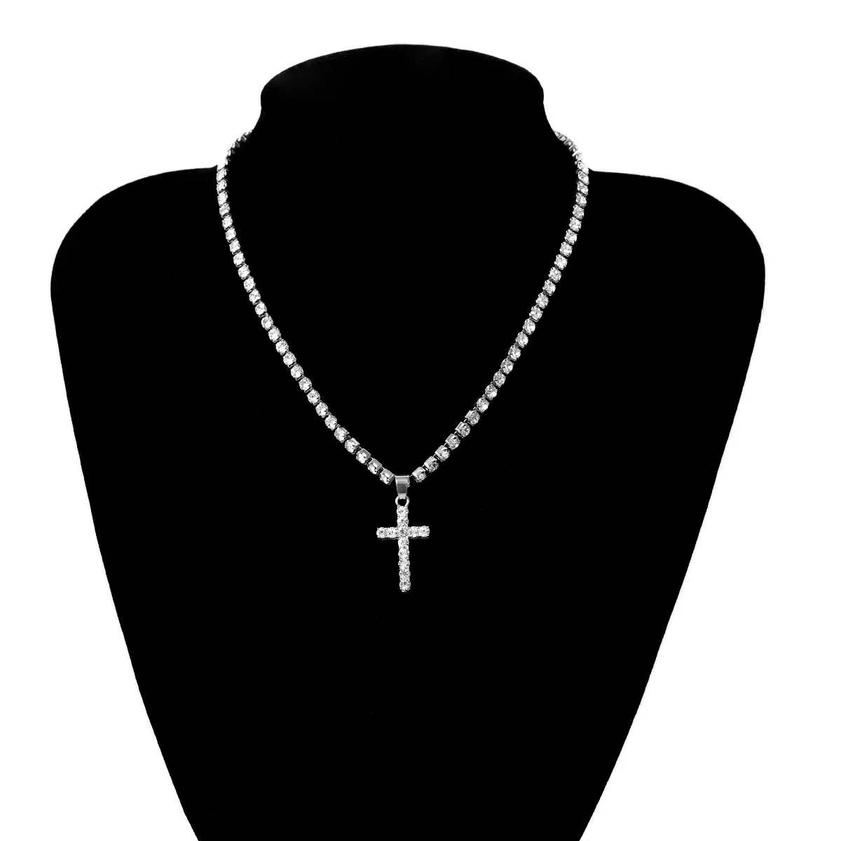 Jewelry Simple Style Alloy Snake Bone Chain Imitation Pearl Cross Pendant Necklace With Diamond Geometric Design For Women - Image 6