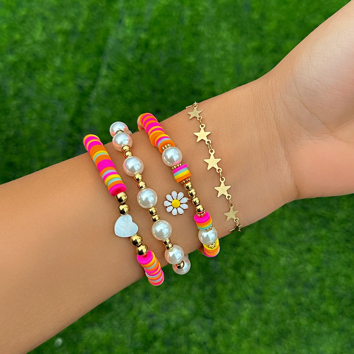 Jewelry Soft Pottery Imitation Pearl Ccb Alloy Rhinestone Dripping Oil Geometric Hip Hop Style Round Bead Chain Bracelet With Pig Nose Buckle Electroplated - Image 7