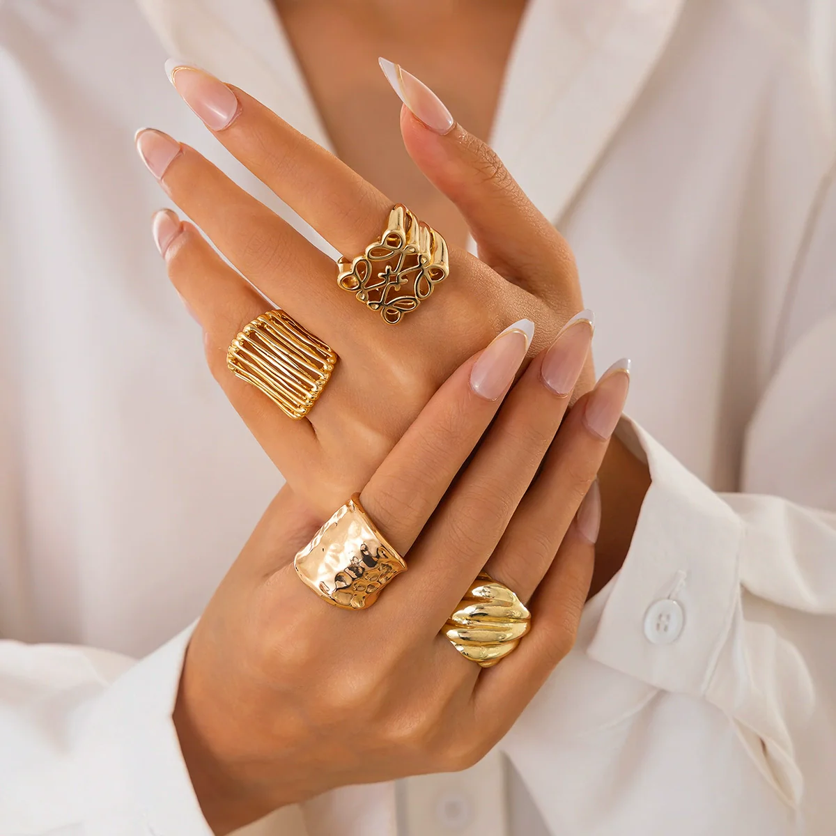 Jewelry Stacked Style Asymmetrical Zinc Alloy Geometric Ring Set With Electroplating