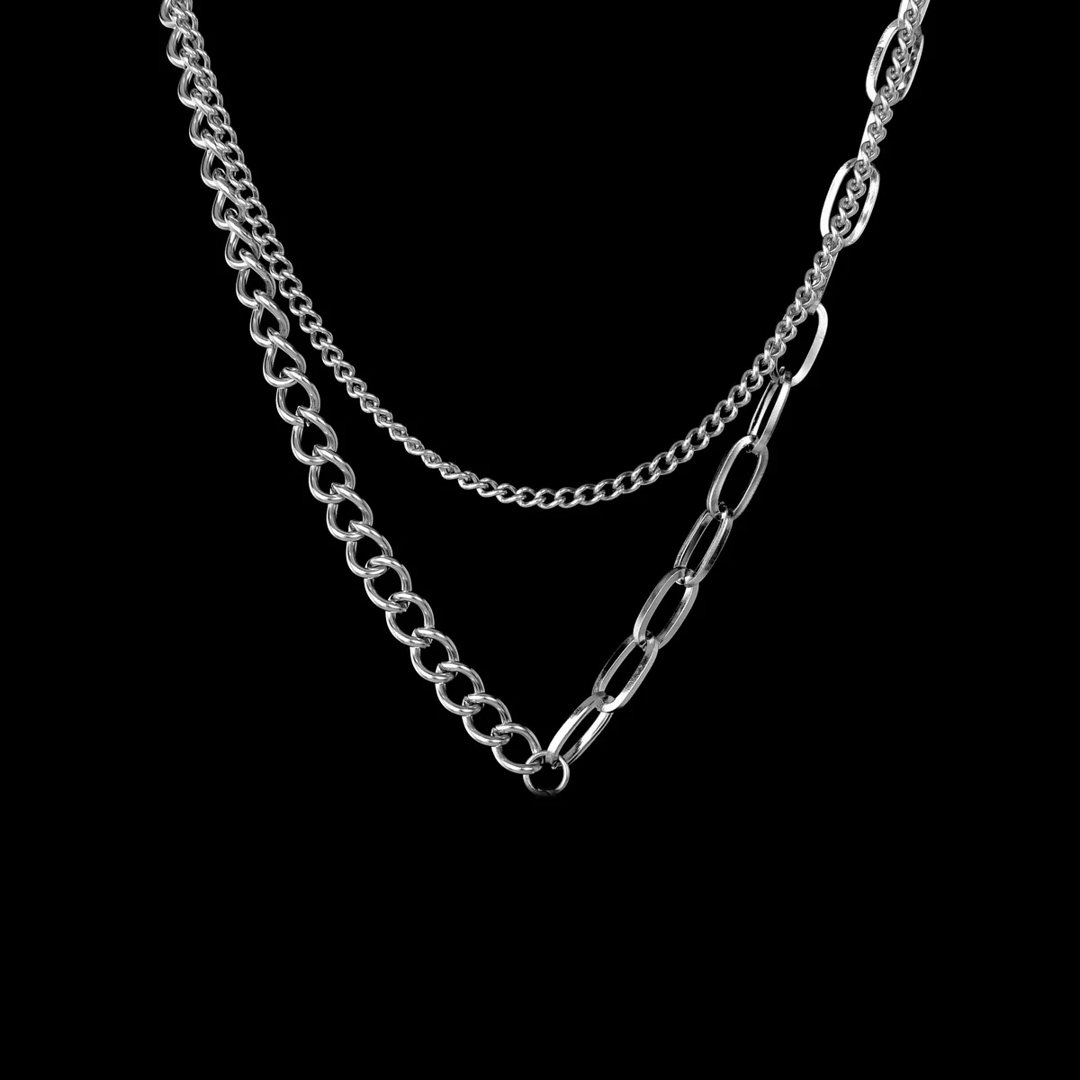 Jewelry Stainless Steel And Titanium Steel Splicing Geometric Doublelayer Sweater Chain Necklace Polish Style For Women - Image 2