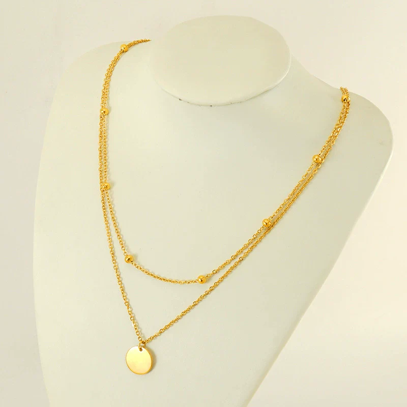 Jewelry 316L Stainless Steel Double Layer Stacked Clavicle Chain With Round Pendant And Round Bead For Women Electroplated Geometric Style - Image 3