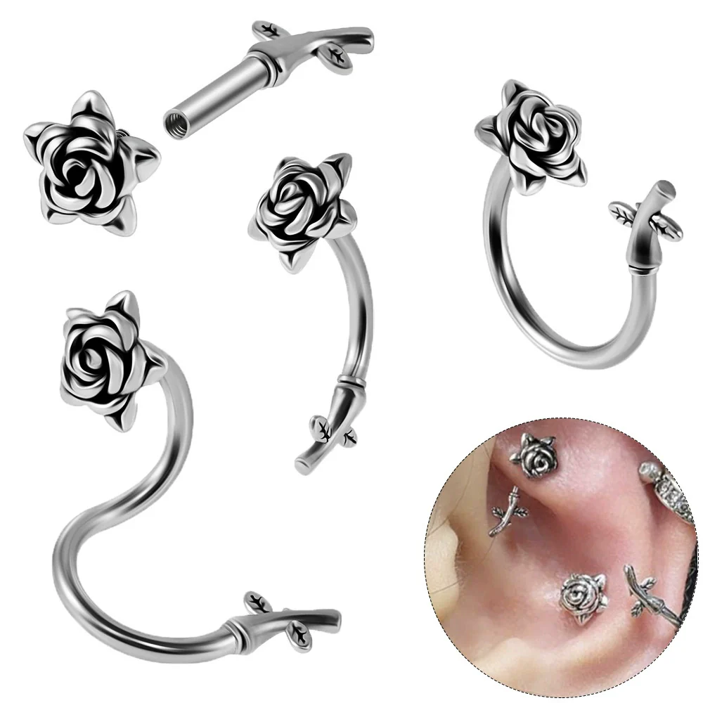 Jewelry Stainless Steel Flower Shaped Bent Rod Internal Thread Navel Nail Straight Rod Ear Bone Nail Piercing With Polish Design
