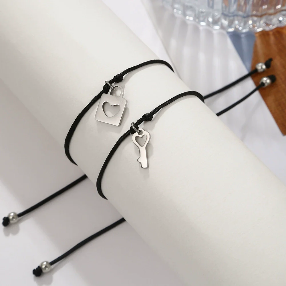 Jewelry Stainless Steel Heart Lock Key Bracelet Geometric Handmade - Image 3