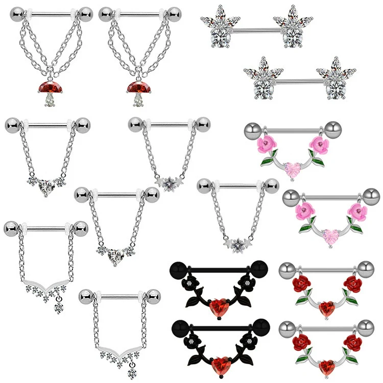 Jewelry Stainless Steel Heartshaped Mushroom Rose Breast Ring With Rhinestones Electroplating Animal Zodiac Style