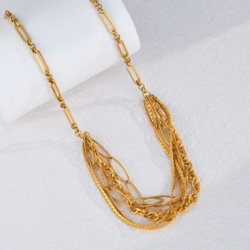 Jewelry Stainless Steel Multilayer Chain Splicing Geometric Style Electroplating Bracelet Necklace - Image 9