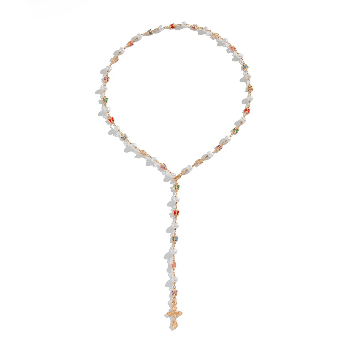 Jewelry Sweet Style Inlaid Imitation Pearl Alloy Geometric Electroplated Ychain Necklace For Women - Image 5