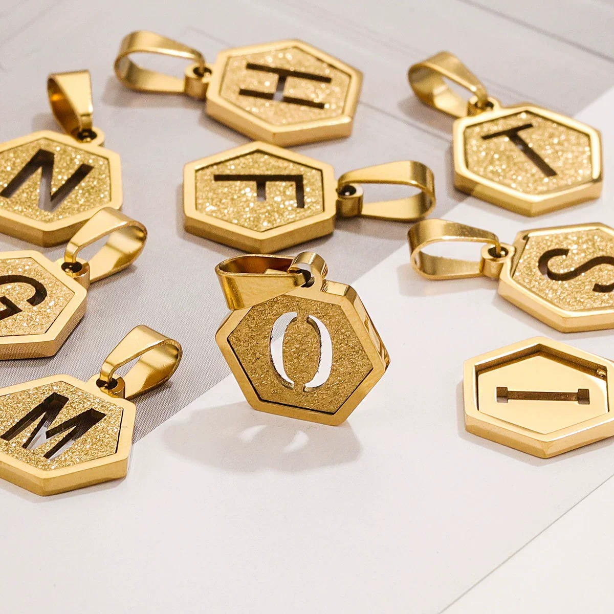 Jewelry Titanium Steel Hexagonal Square Pendants With Letters Numbers Text Electroplating Design - Image 3