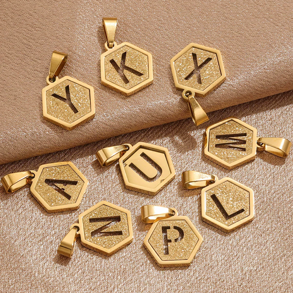 Jewelry Titanium Steel Hexagonal Square Pendants With Letters Numbers Text Electroplating Design - Image 4