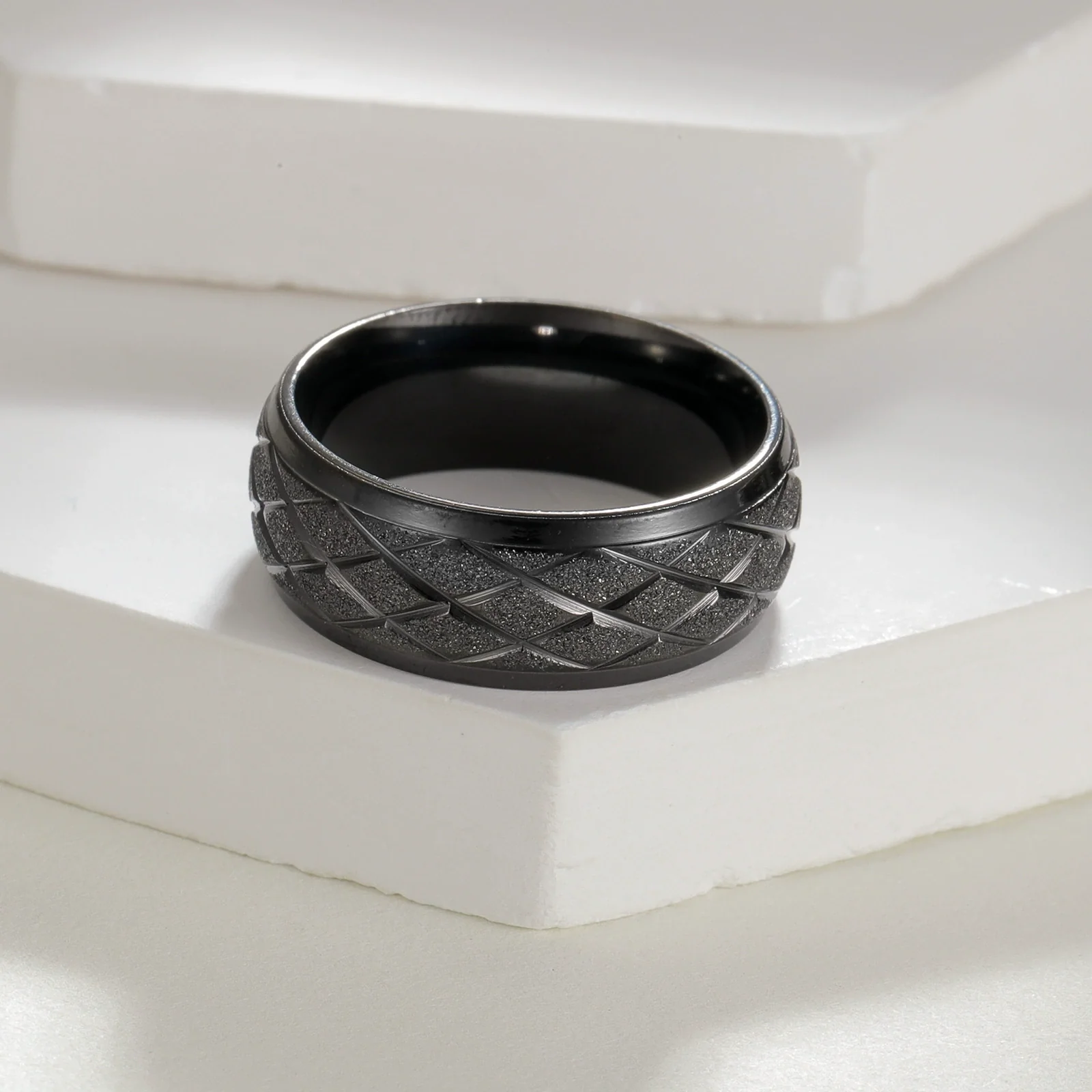Jewelry Titanium Steel Ring Diamond Plaid Frosted Electroplating Unisex - Image 4