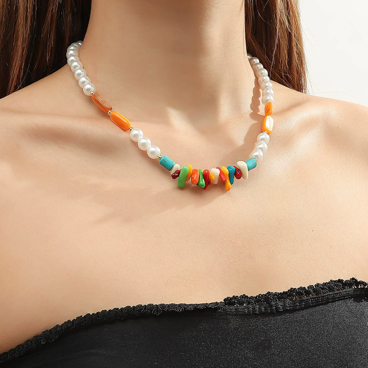 Jewelry Turquoise Pearl Handmade Geometric Pendant Ball Chain Necklace For Women - Image 3