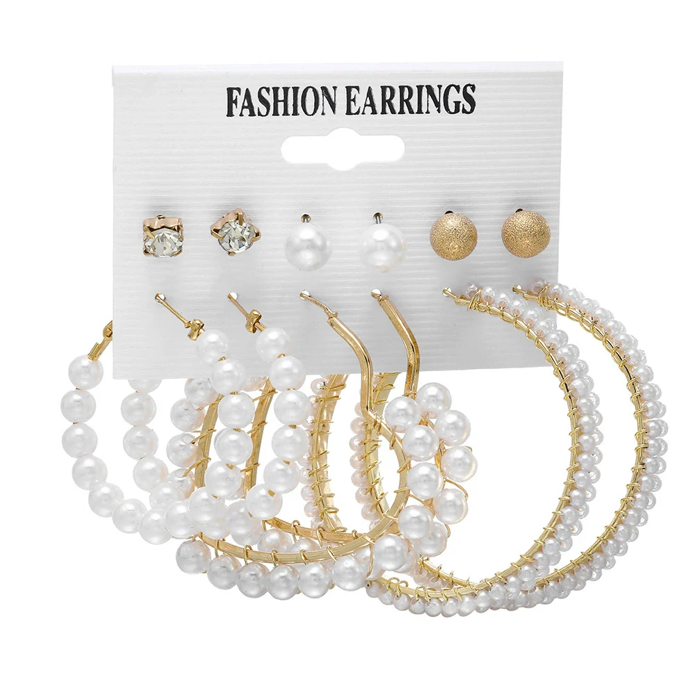 Jewelry White Pearl Geometric Star Rhinestone Metal Earrings Set With Heart Design - Image 6