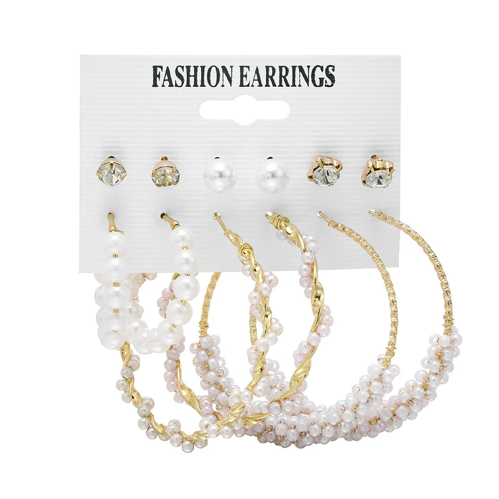 Jewelry White Pearl Geometric Star Rhinestone Metal Earrings Set With Heart Design - Image 7
