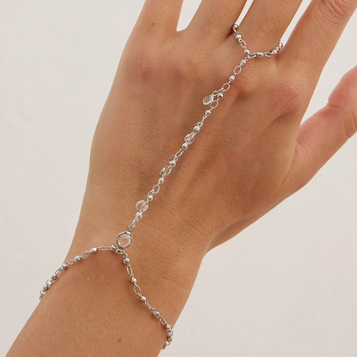 Jewelry Women's Geometric Crystal Pearl Beaded Copper Chain Finger Bracelet With Electroplating - Image 9