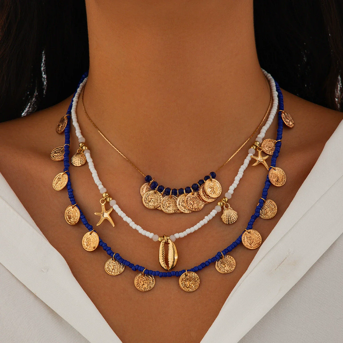 Jewelry Zinc Alloy Resin Beaded Necklace With Starfish Shell Star Shape Retro Electroplating For Women - Image 17