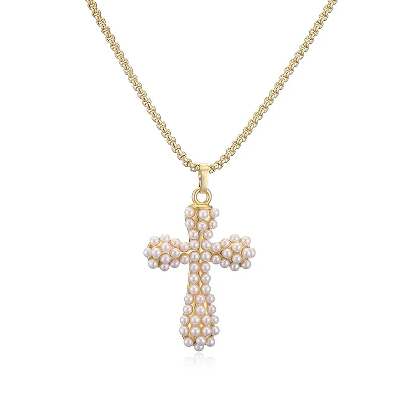 Ladies Elegant Copper Jewelry Inlaid With Pearls Featuring Cross Crown Roman Numerals Pattern For Earrings And Necklace - Image 13