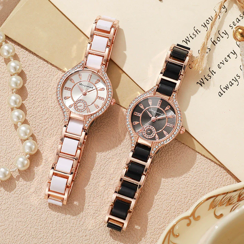Ladies Fashion Alloy Ceramic Quartz Watch With Steel Band And Round Dial