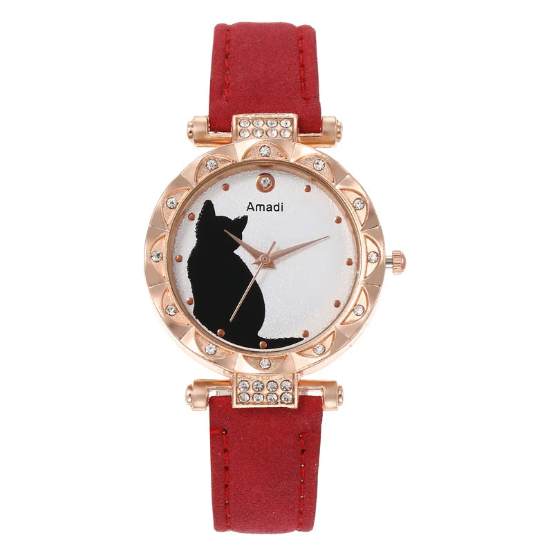 Ladies Fashion Quartz Watch Bracelet Set With Cute Kitten Design Alloy Case Imitation Leather Strap Round Dial - Image 8