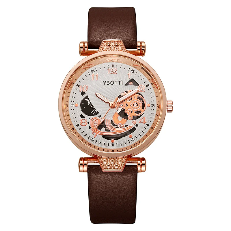 Ladies Hollow Quartz Watch Fashionable Alloy Imitation Leather Ordinary Glass Mirror Spiral Crown Pin Buckle Round Dial - Image 10