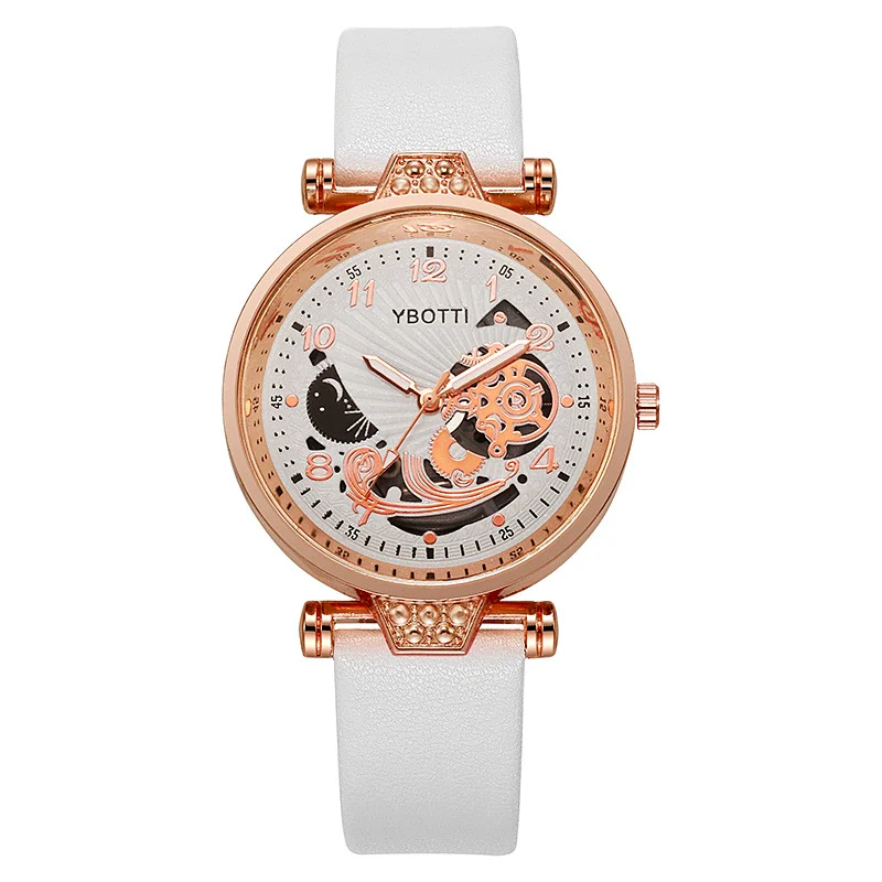 Ladies Hollow Quartz Watch Fashionable Alloy Imitation Leather Ordinary Glass Mirror Spiral Crown Pin Buckle Round Dial - Image 12