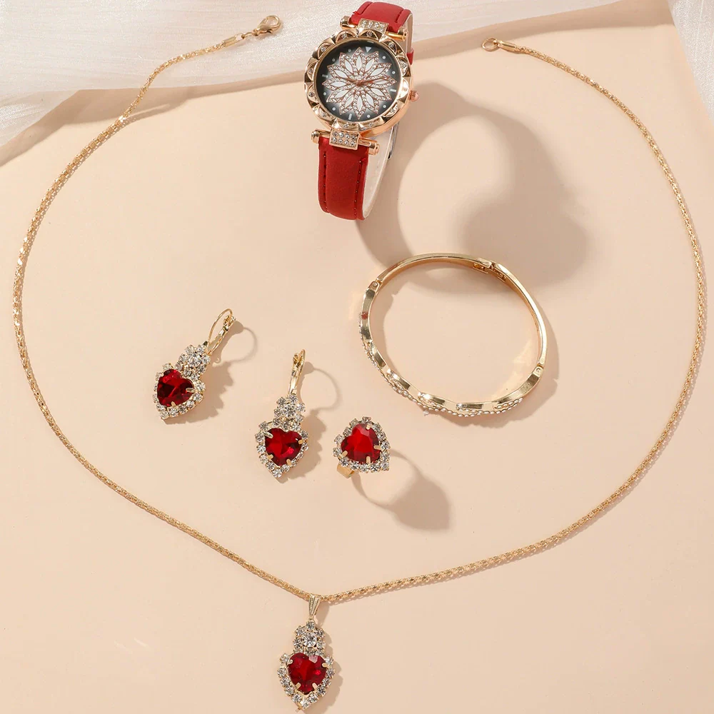 Ladies Leisure Alloy Quartz Watch And Pu Strap Jewelry Set With Round Dial Including Bracelet Ring Earrings And Necklace - Image 6