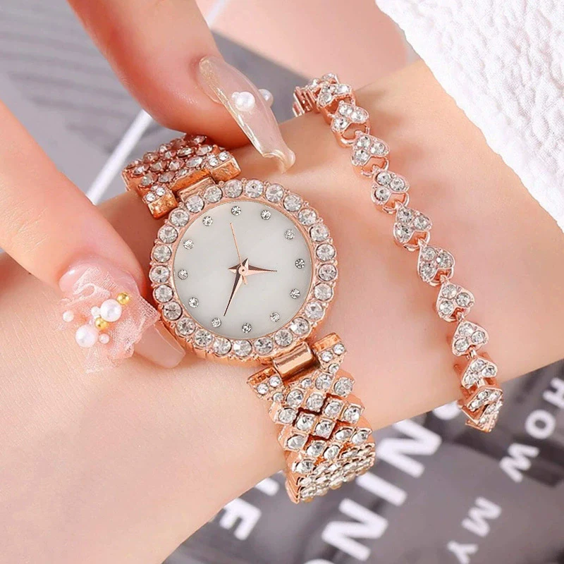 Ladies Quartz Watch And Bracelet Set Alloy Stainless Steel Round Dial Leisure Style Full Diamond - Image 6