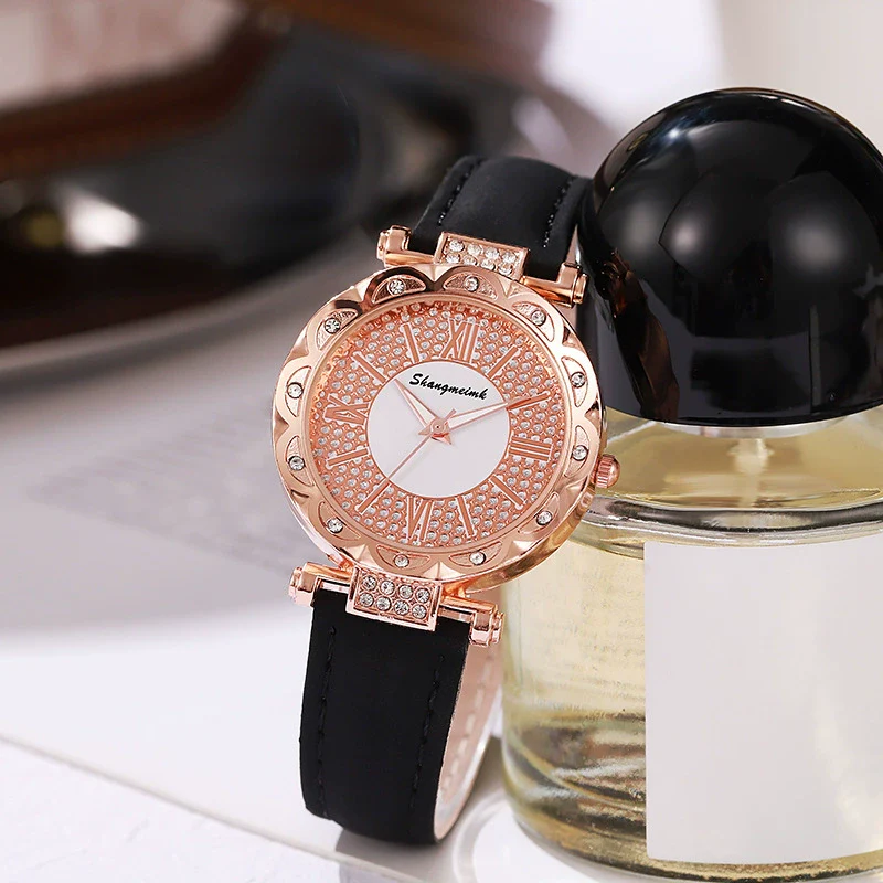 Ladies Quartz Watch Plastic Case Imitation Leather Strap Rose Gold Buckle Round Dial Leisure Style - Image 2