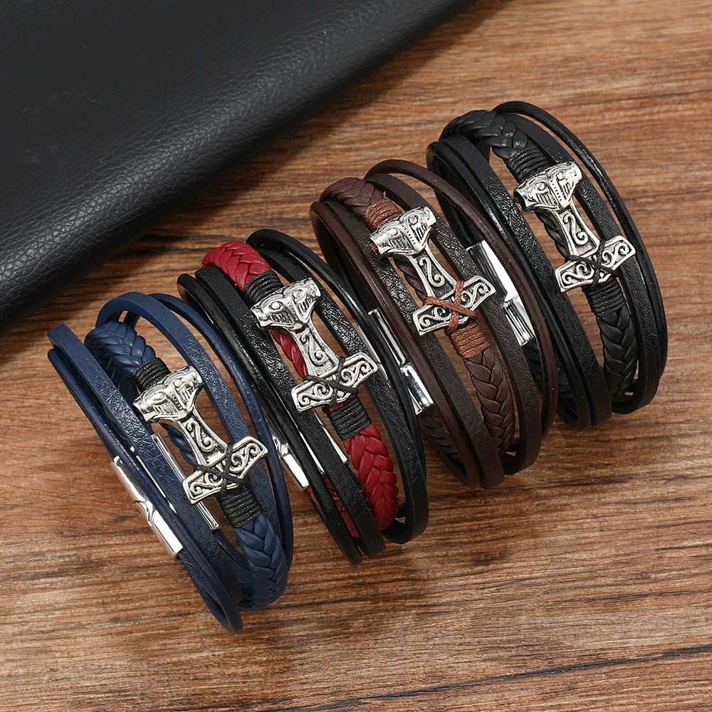 Leather Bracelet Stainless Steel Genuine Leather Woven Handmade Punk Geometric Men's Jewelry