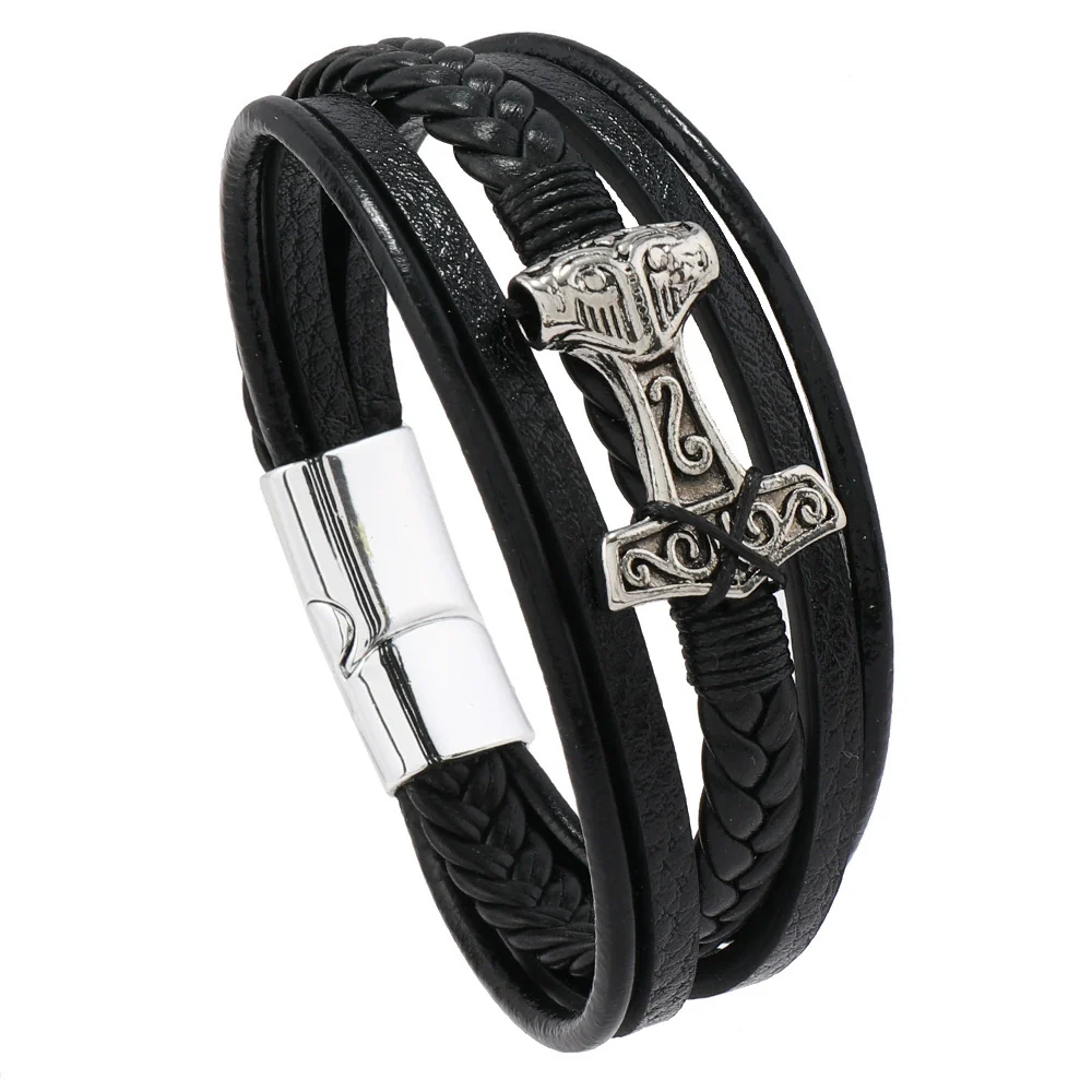 Leather Bracelet Stainless Steel Genuine Leather Woven Handmade Punk Geometric Men's Jewelry - Image 5