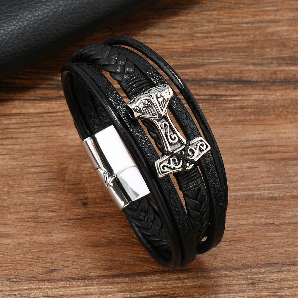 Leather Bracelet Stainless Steel Genuine Leather Woven Handmade Punk Geometric Men's Jewelry - Image 6