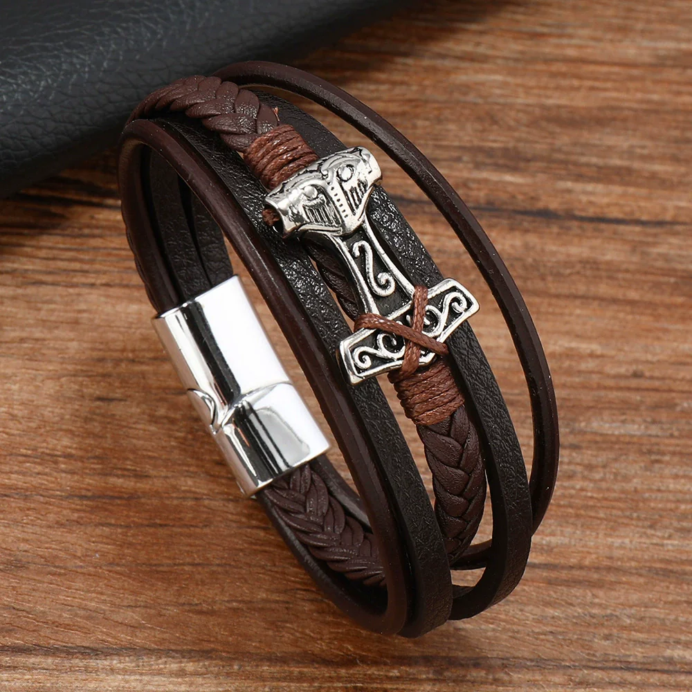 Leather Bracelet Stainless Steel Genuine Leather Woven Handmade Punk Geometric Men's Jewelry - Image 8
