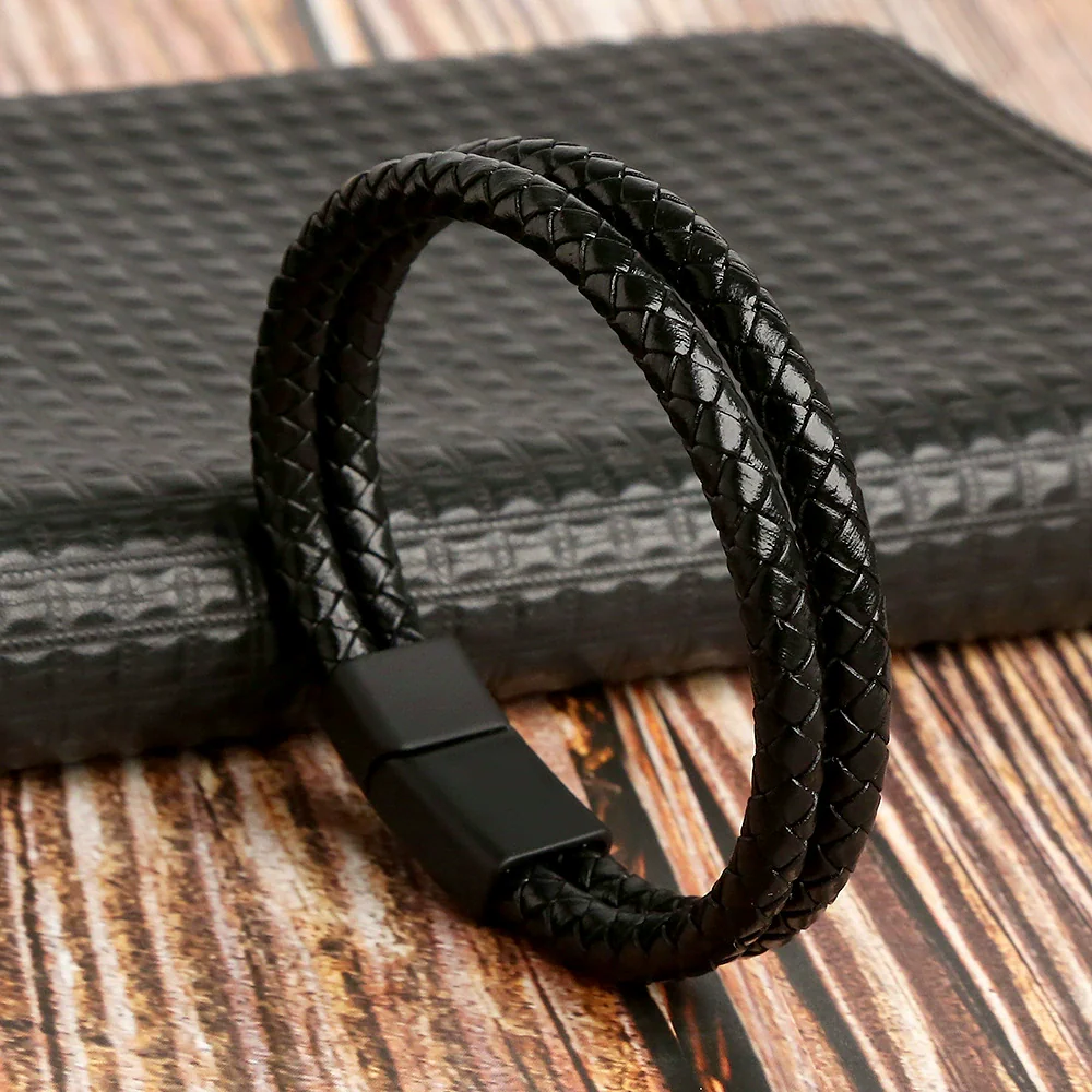 Leather Geometric Doublelayer Handwoven Magnetic Buckle Men's Bracelet - Image 5