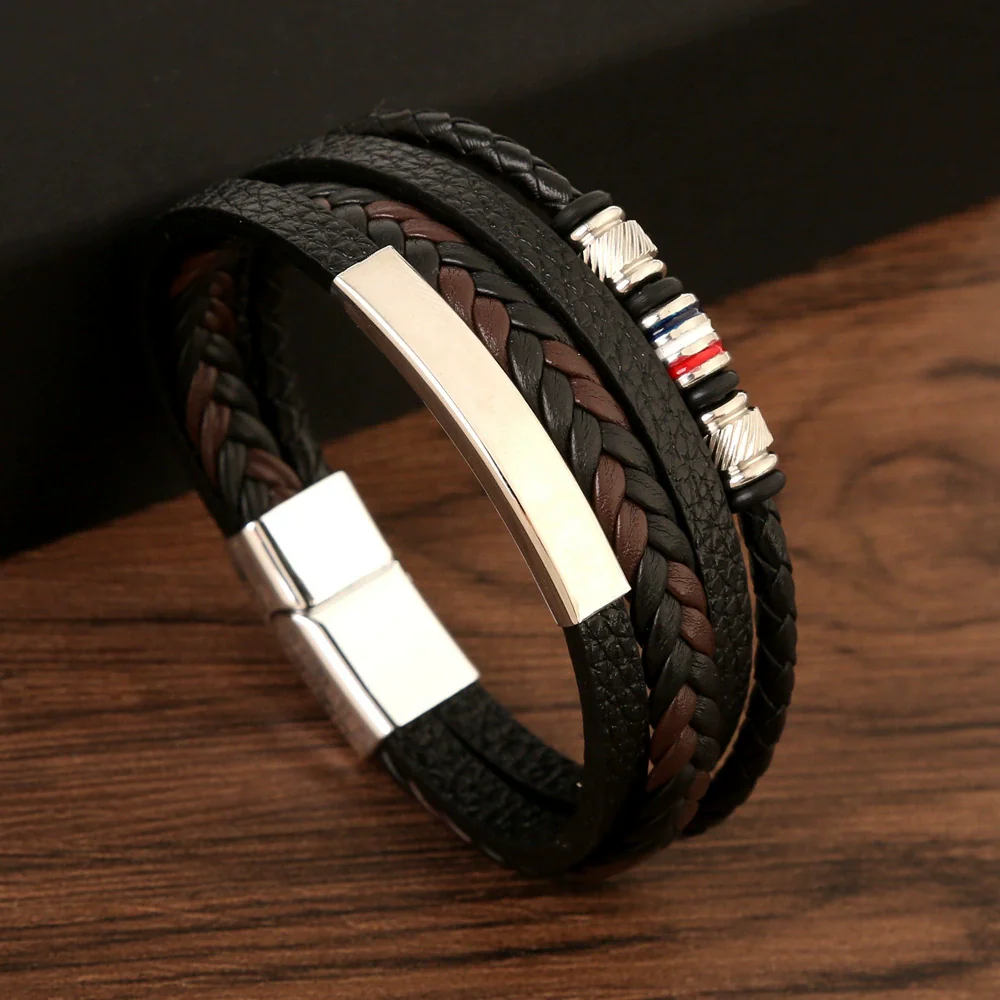 Leather Handwoven Bracelets Alloy Electroplated Geometric Buckle Jewelry For Men